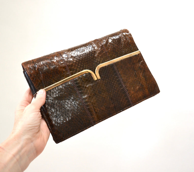 70s Vintage Brown Leather Clutch Snakeskin Python// Brown Patent Leather Snake Skin Bag Purse 1970's handbag party leather Gold Medium Bag