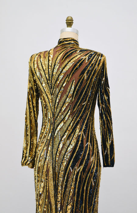 80s 90s Vintage Black Gold Beaded Sequin Gown Dress Bob Mackie Gold Black Tiger Stripe Long Sleeve Sequin Pageant Dress Cher Medium Large