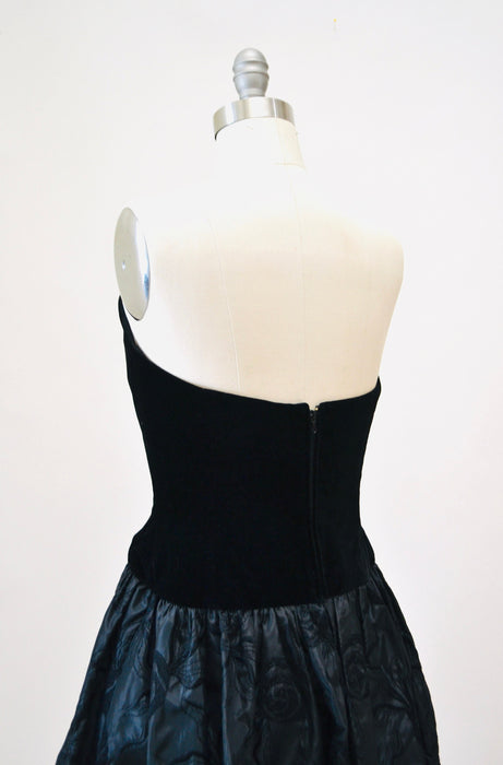 80s 90s Black Strapless Party Dress Vintage Velvet Coctail Party Strapless Dress XS Small By Fred France Paris Black party Dress Small