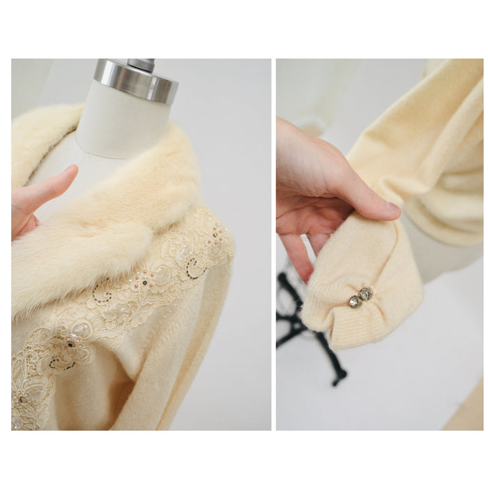 50s Vintage Cream Mink Fur Collar Beaded Cardigan Sweater Rhinestone Buttons Small Medium Vintage Wedding Fur Collared Cashmere Cardigan