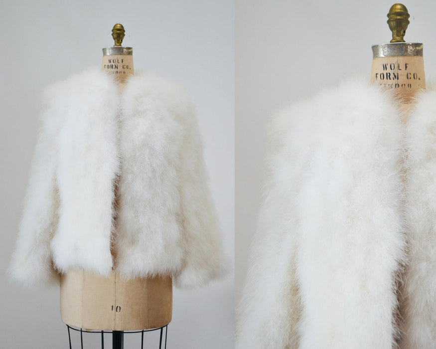 80s Vintage White Feather Jacket Marabou Feather Jacket Small Medium// Vintage White Feather Jacket Vintage Wedding Marabou party Jacket