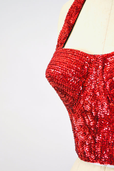 80s 90s Vintage Red Sequin Bustier Crop Top Halter top Size Medium Sequin Red Halter Top Disco Dance 80s 90s Sequin Showgirl Halter TOp