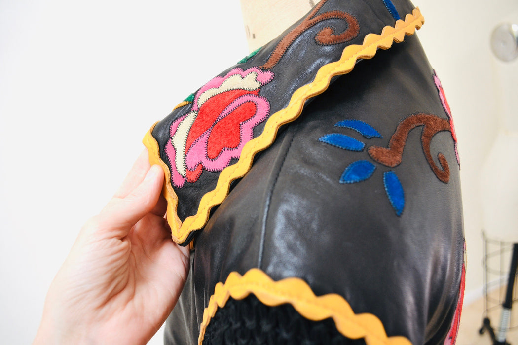 Vintage 90s Black Leather Jacket by Moschino Cheap & Chic with Fringe Red Roses Flowers Small Medium// Black Leather Biker Jacket Fringe