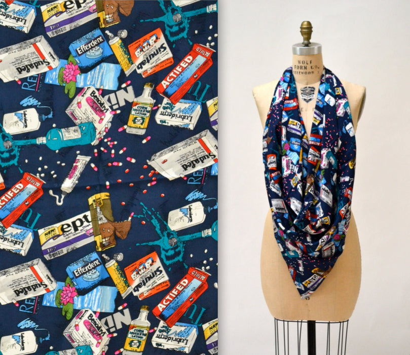 90s Nicole Miller Silk Large Scarf with Pill Medicine Drug Store Pharmacy Doctor Nurse Pharmacist Print Covid Pill Nurse Doctor Pill Scarf