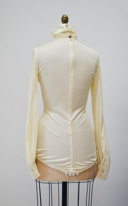 Vintage 70s off White Cream Turtle neck Bodysuit Brief Body Suit Leotard Turtle Neck long sleeve Medium//  Vintage Cream Turtleneck bodysuit