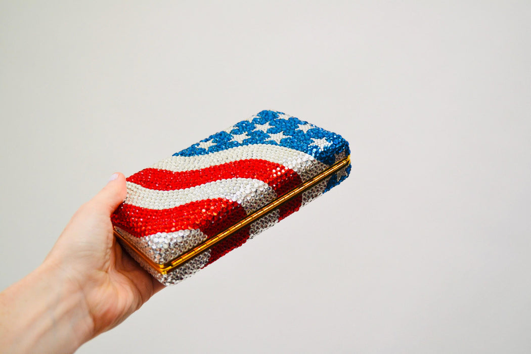 90s Vintage Metal Crystal Evening Bag Swarovski Bag 90s Katherine Baumann USA American Flag United States Crystal Minaudière Clutch Bag