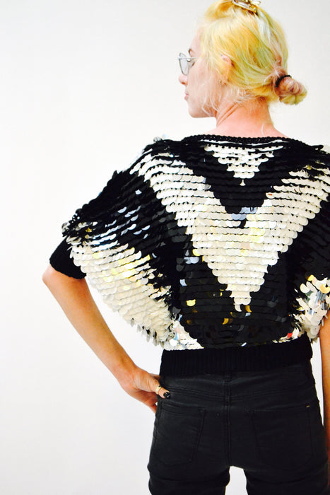 Vintage Black Sequin Shirt Black White Silver Small Dolman Batwing Sleeves 80s 90s Disco// Vintage Black Metallic Sequin Top Large Sequins