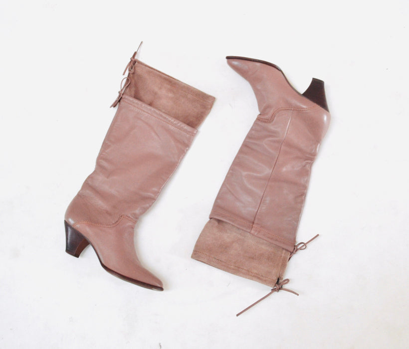 80s Vintage Nude Brown Leather High Heel Boots Size 7 Pointed Toe Boots Slouchy Brazil // Vintage Size 7 Leather Boots 1st Edition Classics