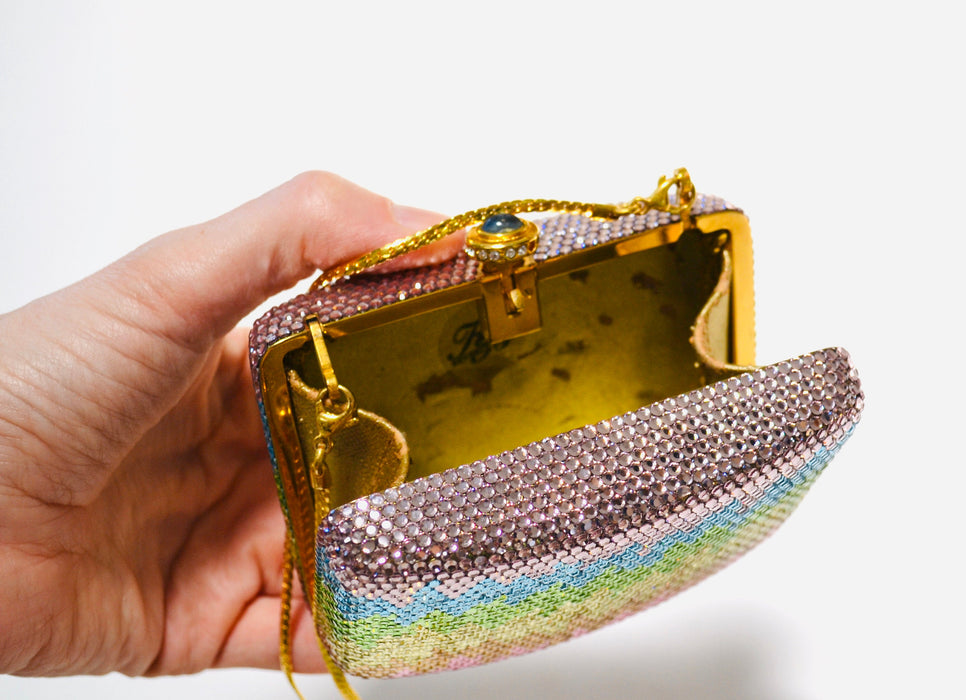 90s Vintage Metal Crystal Evening Bag Swarovski Crystal Rainbow Pastel Pink Blue Gold Evening Bag K Baumann 90s Small Crystal Evening Bag