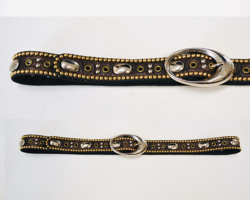 90s 2000s Vintage Gold Rhinestone Belt Brown Leather Gold Rhinestone Belt Small 29" Rhinestone Studded leather Belt