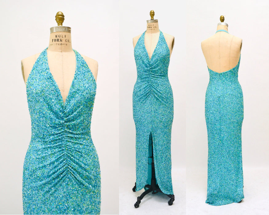 Vintage 00s Y2K Silk Bias Cut Dress Small Medium Blue Teal Silk Beaded Sequin Bias Cut Dress Evening Beach Wedding Gown Mermaid Prom Dress