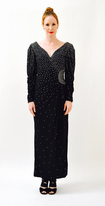 80s Vintage Black Evening Gown With Rhinestones Long Sleeves Medium Large by Rose Taft// Vintage Black Dress Metallic Pageant Dress Gown
