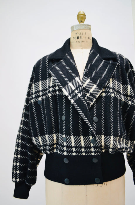 80s Vintage Wool Plaid Jacket Black White by JEAN-LOUIS SCHERRER Paris Wool Plaid bomber Jacket// Vintage Black White Wool Jacket Medium