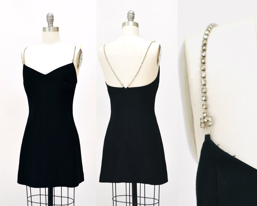 Vintage 90s Black Dress Black Cocktail Party Dress with Rhinestones By Bebe Small// Vintage 90s Sexy Prom Party Club Dress Black XS Small