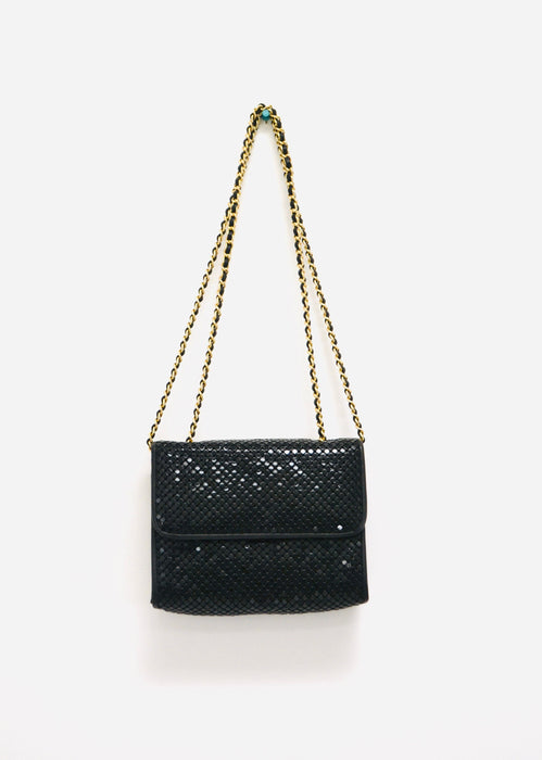 80s Vintage Black Evening Bag Purse Black Metallic Metal Whiting and Davis // Vintage Black Mesh Gold Chain Metallic Purse Small Evening Bag