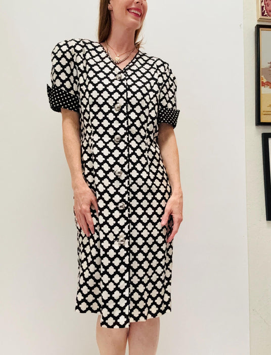 80s 90s Vintage Black White Silk Dress Neiman Marcus// Vintage Silk Shirt Dress Black White Polka Dot Party Silk Conservative Dress Medium