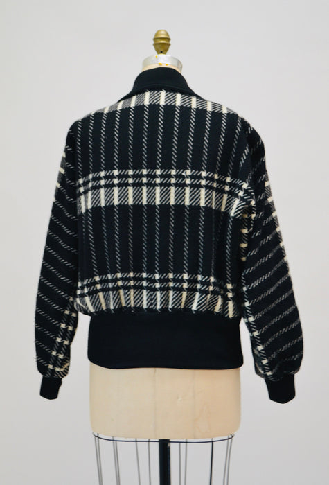 80s Vintage Wool Plaid Jacket Black White by JEAN-LOUIS SCHERRER Paris Wool Plaid bomber Jacket// Vintage Black White Wool Jacket Medium
