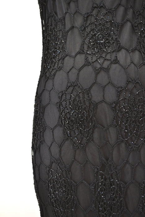 90s 00s Y2k Vintage Black Crochet Dress Black Beaded Knit Long Maxi Dress Dress Large 00s Black Crochet Slip Tank Dress Beach Party