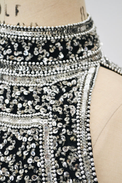 90s 00s Black Prom Party Dress Black Silver Metallic Sequin Dress Evening Gown Small Medium Halter Black Beaded Dress Beauty Pageant dress