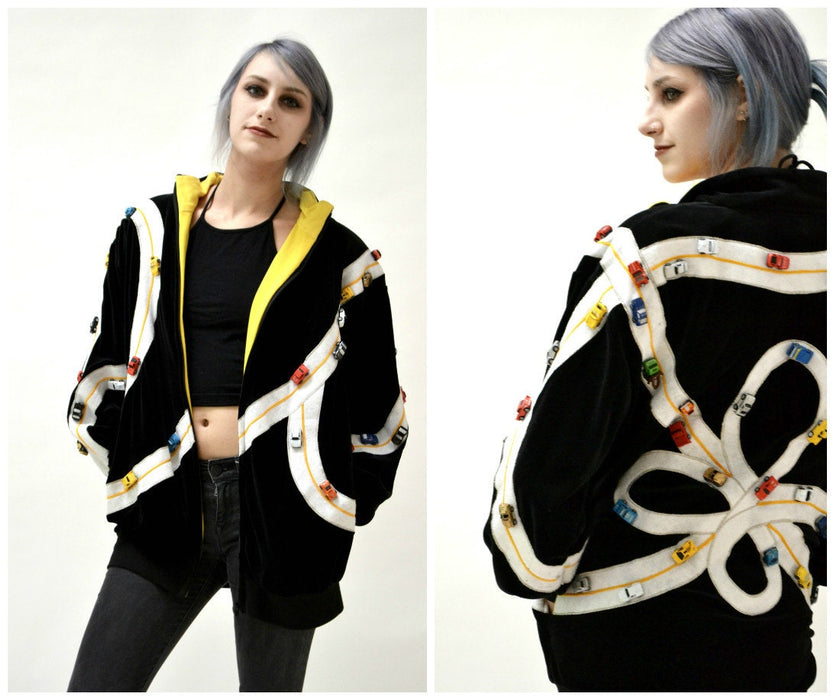 80s 90s Vintage Jacket by Bonnie Boerer Black Bomber Race Track Toy Cars// Vintage Black Jacket with Race Cars Indy 500 Grand Prix Toy Cars