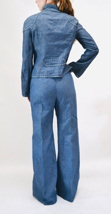 70s Authentic Vintage Rhinestone Denim Jacket shirt Bell Bottom Jeans Pants Set Medium Large by Ayako
