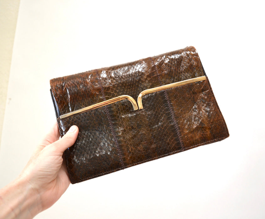 70s Vintage Brown Leather Clutch Snakeskin Python// Brown Patent Leather Snake Skin Bag Purse 1970's handbag party leather Gold Medium Bag