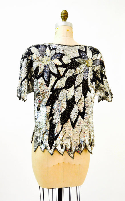 Vintage Silver Sequin Shirt Top Metallic Silver Black Art Deco Flapper Inspired// Vintage Flapper Beaded Shirt Top Silver Black Sequins