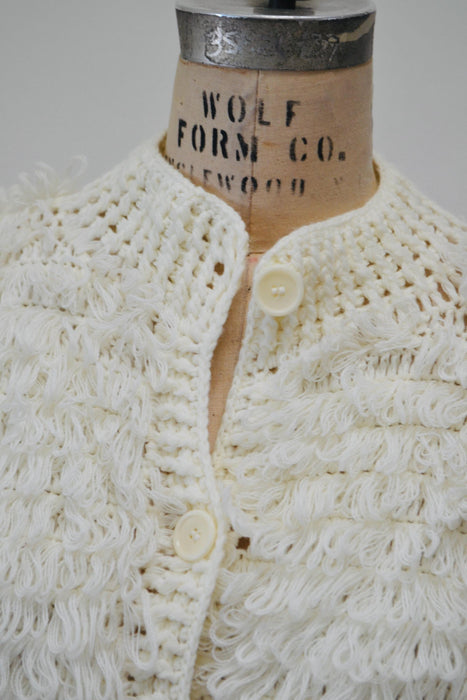 70s Vintage Cream White Loop Knit Shag Sweater Cardigan Small Medium Vintage Wedding Faux Fur Sweater Cardigan by J Gallery White Sweater