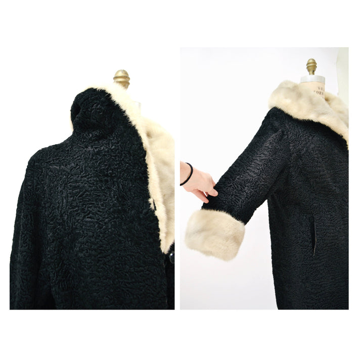 40s 50s Vintage Black Persian Lamb and Mink Fur Coat Jacket Black Grey Broadtail Mink Fur Jacket Medium Large 50s By Kramers