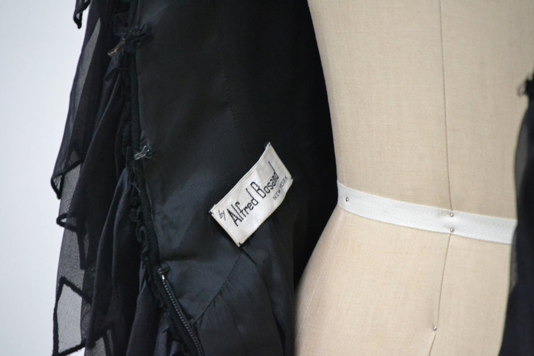 Vintage Black Dress Black Medium Large Ruffle Neckline by Alfred Bosand  // 90s Vintage Black Cocktail Dress Wool and Silk Party Dress