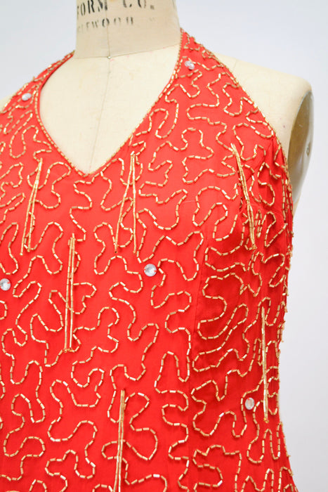Stunning 80s 90s Vintage Red Beaded Dress Medium Large// 80s 90s Red Beaded Fringe Pageant Dress Halter Neck Showgirl Red Silk Chiffon Dress