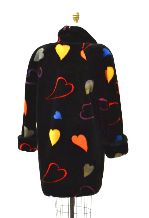 Vintage Black Faux Fur Jacket Coat with Hearts 90s pop art Rainbow Hearts Vintage Donny Brook Black with Hearts Coat Small Medium Gay Pride