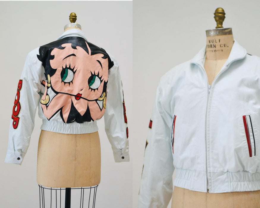 80s 90s Vintage Leather Jacket Betty Boop Small Medium Vintage White Leather Bomber Jacket with Betty Boop Comics Pop Art Leather By Maziar