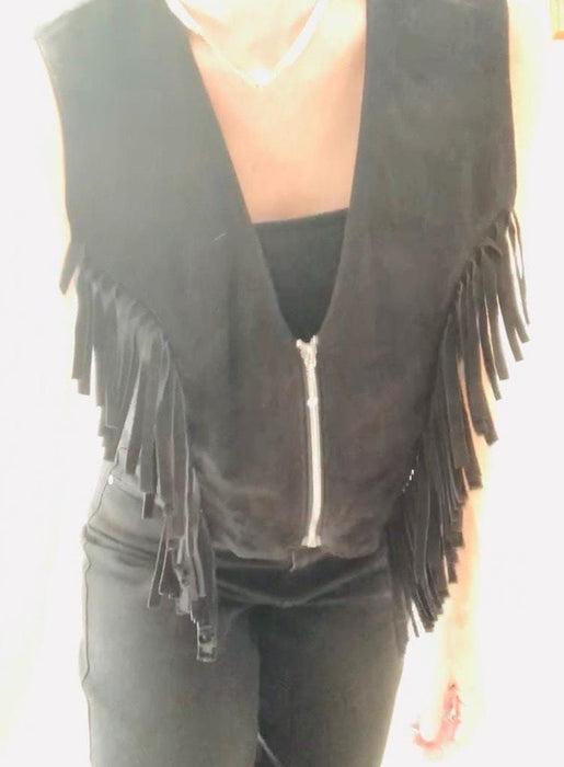 80s 90s Vintage Black Leather Fringe Vest Black Fringe leather Vest Cowboy Cowgirl Rodeo Biker Festival Vest Large Black Leather Vest