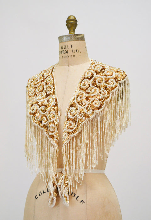 Vintage Gold Pearl White Cream Beaded Sequin Shawl Wrap Burlesque Wedding Flapper Gold Metallic Beaded Wedding Vintage Fringe Collar Shawl