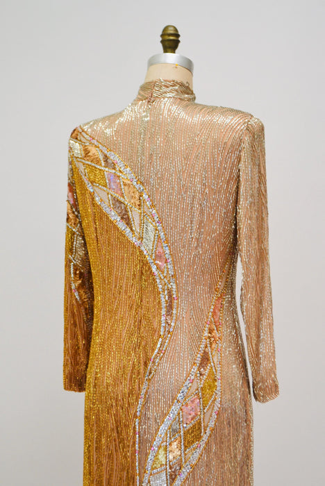 80s Vintage Gold Sequin Bob Mackie Dress Black white Beaded Sequin Fringe Dress Medium I.MAGNIN Bob Mackie  Asymmetrical Fringe Dress