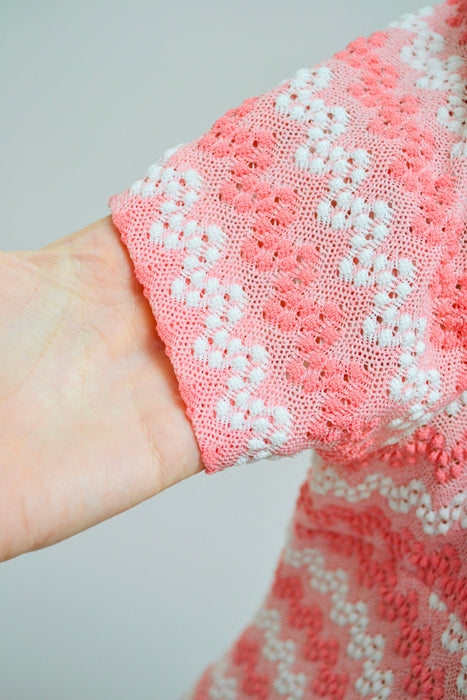 70s Pink Knit Dress Large 70s Pink White Knit Short Sleeve Dress Pink Crochet 70s Summer Knit Dress 70s Pink White Party Dress Sheer Knit