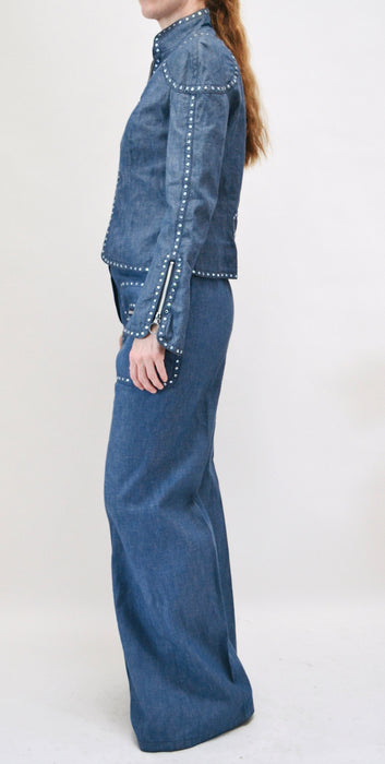 70s Authentic Vintage Rhinestone Denim Jacket shirt Bell Bottom Jeans Pants Set Medium Large by Ayako