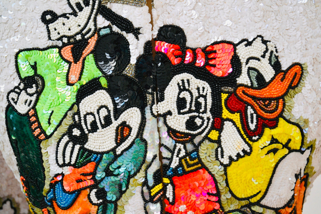 Vintage Jeanette Kastenberg Platinum Beaded Jacket Disney Mickey Minnie Mouse Donald Duck Beaded Bolero Jacket Comic Cartoon Small Medium