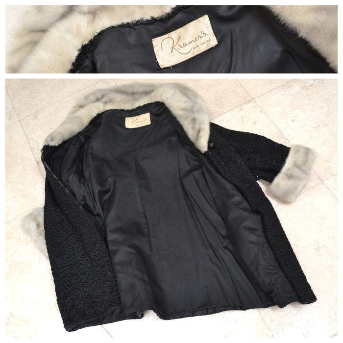 40s 50s Vintage Black Persian Lamb and Mink Fur Coat Jacket Black Grey Broadtail Mink Fur Jacket Medium Large 50s By Kramers