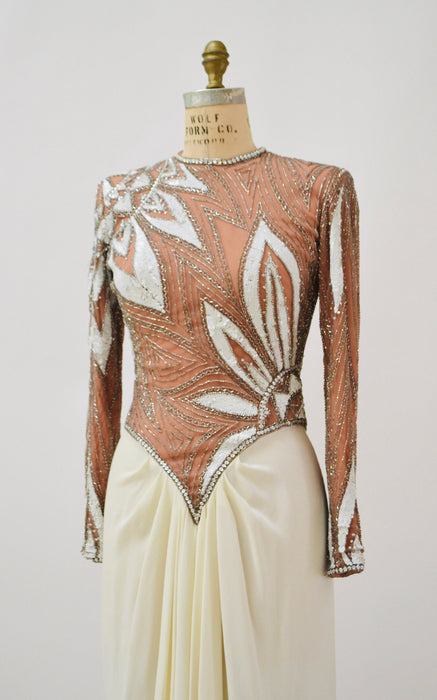 80s 90s Vintage White Cream Silver Beaded Sequin Gown Dress Small Medium Bob Mackie// Vintage Wedding Gown Beaded Long Sleeve Pageant Dress