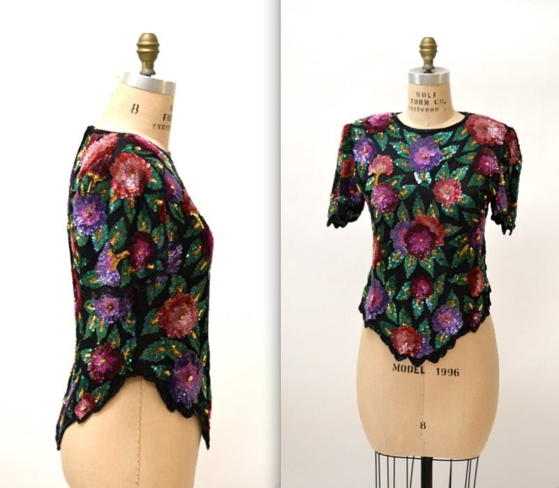 Vintage Sequin Shirt Size Medium with Flowers Black and Pink// Vintage Sequin Beaded Top Size Medium by Laurence Kazar Flapper Inspired