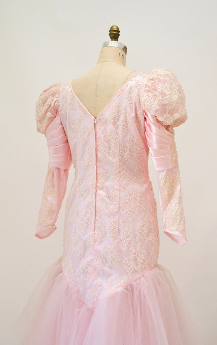 Vintage 80s Pink Ball Gown Wedding Dress Beaded Sequin Medium Pink Ball Pageant Gown Dress //80s Pink Glinda Wedding Dress Princess Gown