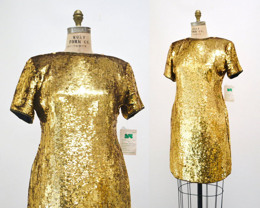 80s 90s Vintage Gold Sequin Dress Vintage Gold Metallic Dress Small Medium// Sequin Dress Flapper Inspired Cher Dress 80s Glam