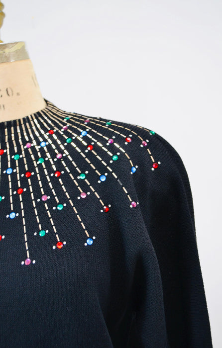 80s 90s Vintage Black St John Dress Metallic Rhinestone Knit Dress St John Evening// Black Rhinestone Party Sweater Knit Dress Medium Large