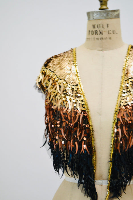 Vintage Gold Black Beaded Fringe Shawl Wrap Burlesque Wedding Flapper Gold Metallic Beaded Vintage Fringe Collar Shawl GOld Shawl Sharmark