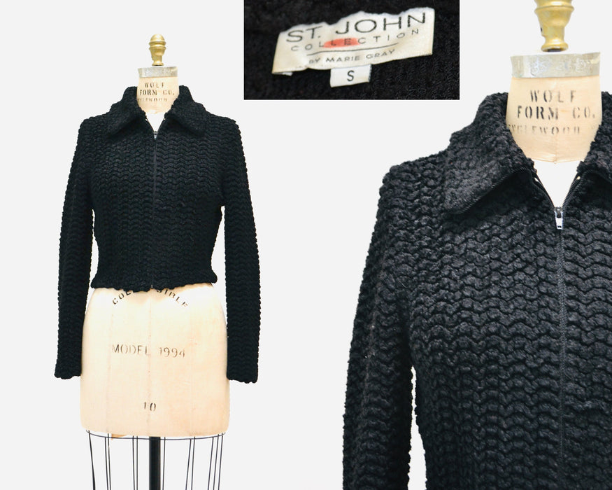 90s 2000s Vintage St. John Black Sweater Cardigan Jacket Size Small St John Vintage Black Boucle Jacket Sweater Cardigan Small