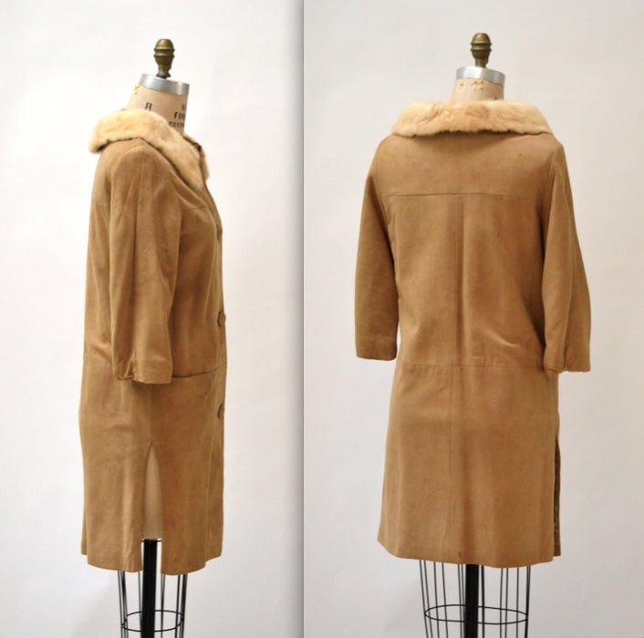 60s Vintage Suede Leather Jacket Coat Fur Collar Small Tan Camel Brown Leather Jacket // Vintage Leather Jacket Tan Brown Medium Mink Fur
