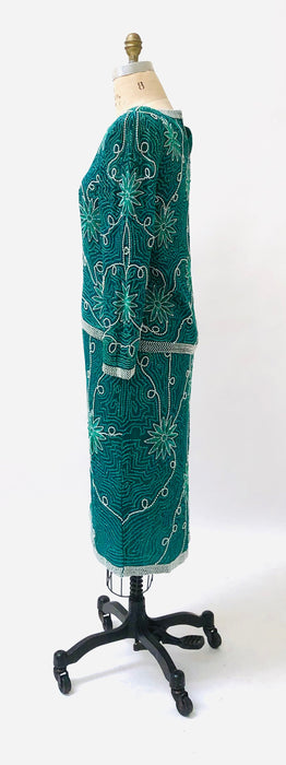 80s 90s Vintage Sequin Top Skirt Dress Set Beaded Skirt Top Dress Medium Blue Green Teal  80s 90s Party Dynasty Flapper Costume