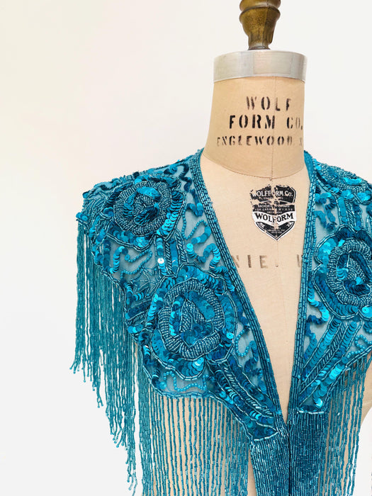 90s Vintage Turquoise Blue Beaded Fringe Shawl Wrap Burlesque Wedding Flapper Blue Metallic Beaded Vintage Fringe Collar Showgirl
